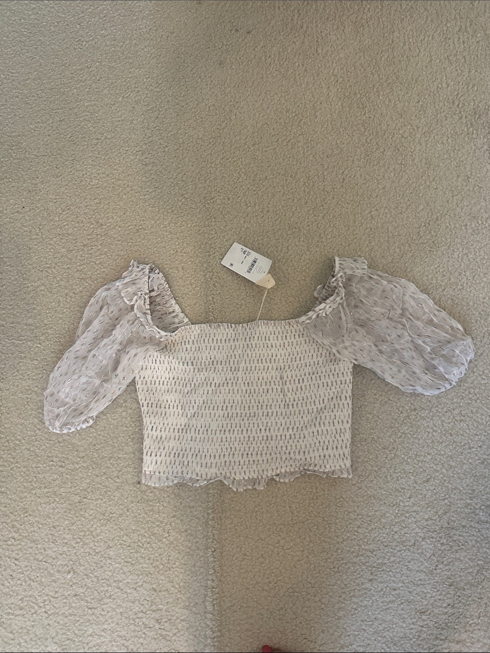 saltwater LUXE Cream Sheer Puff Sleeve Smocked Crop Top